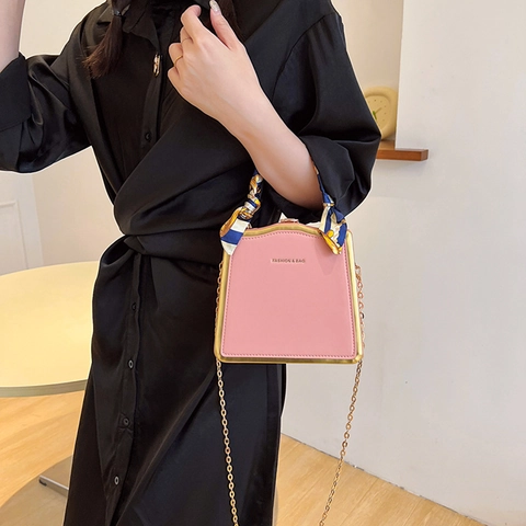 Elegante Damen Box Handtasche Mit Satinnschal Umwickeltem Griff Gold Metallrahmen PU Leder Umhängetasche Für Abendparty