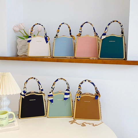 Women PU Leather Box Bag Metal Frame Vintage Square Handbag With Satin Scarf Handle And Chain Strap Elegant Crossbody