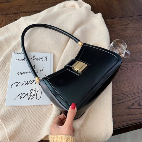 Solid Color PU Leather Underarm Baguette Bag For Women Retro Elegant Small Shoulder Bag With Gold Lock Korean Style