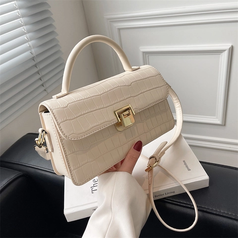 Damen Umhängetasche Krokodilmuster PU Leder Handtasche Griff Metallschloss Klappverschluss Mode Schultertasche