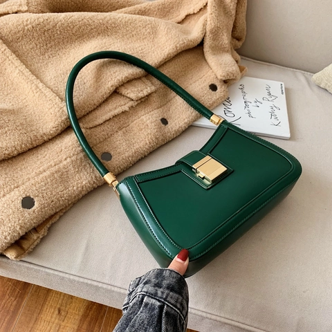 Solid Color PU Leather Underarm Baguette Bag For Women Retro Elegant Small Shoulder Bag With Gold Lock Korean Style