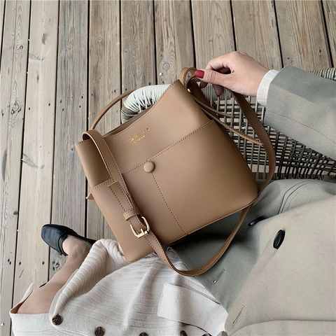 Borsa A Secchiello Da Donna In Pelle PU Minimalista Con Tracolla Regolabile E Tasca Frontale Borsa A Tracolla Versatile