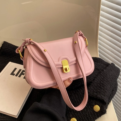 Borsa Tracolla Quadrata Piccola Retrò Donna Pelle PU Patta Borsa Spalla Chiusura Metallo Dorato Tendenza Quotidiana Colore Solido