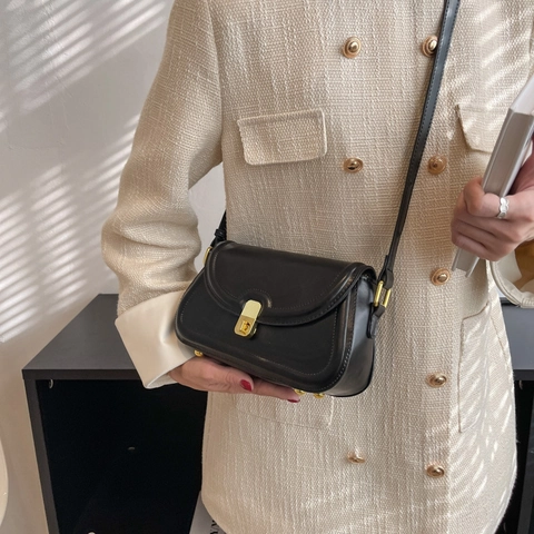 Borsa Tracolla Quadrata Piccola Retrò Donna Pelle PU Patta Borsa Spalla Chiusura Metallo Dorato Tendenza Quotidiana Colore Solido