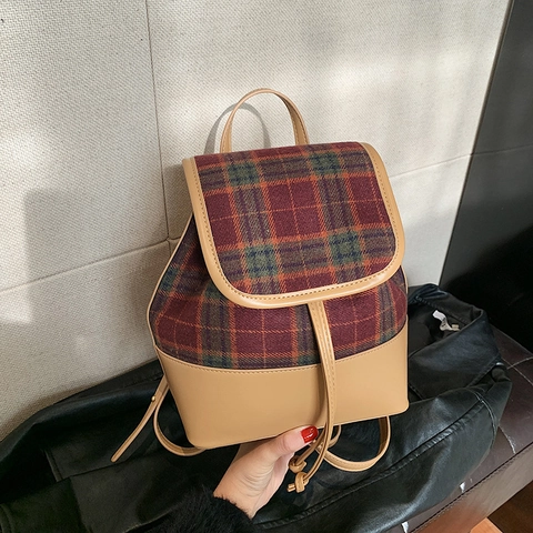 Sac À Dos Patchwork À Carreaux Style Britannique Rétro Cuir PU Et Tissu De Laine Cordon Rabat Sac D'École Femmes Filles