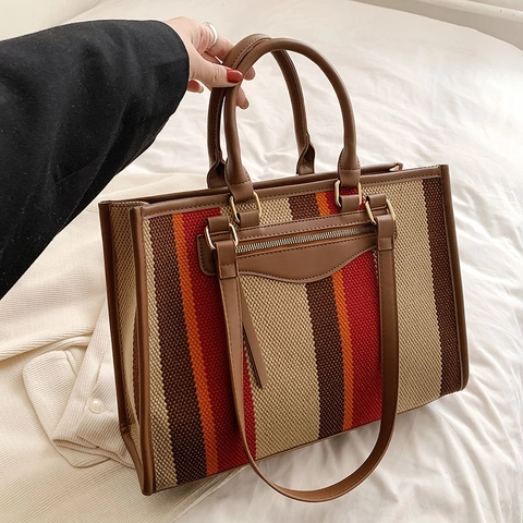 Striped Tote Bag Large Capacity Canvas Shoulder Handbag With PU Leather Trim Color Block Chic Casual For Women