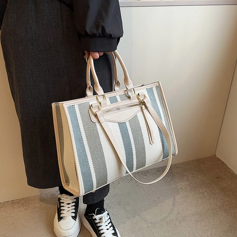 Striped Tote Bag Large Capacity Canvas Shoulder Handbag With PU Leather Trim Color Block Chic Casual For Women