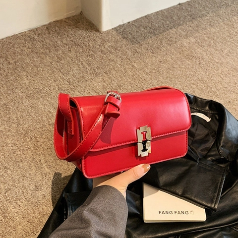 Women PU Leather Shoulder Crossbody Bag Minimalist Rectangular Flap Handbag Industrial Razor Blade Buckle Solid Color