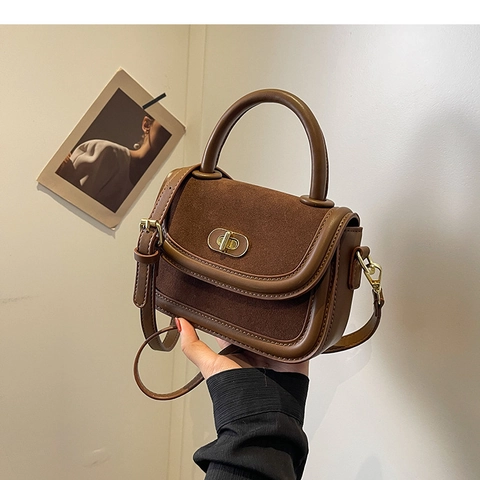 Retro Women Suede And PU Leather Handbag Stitched Small Square Bag With Top Handle Gold Twist Lock Crossbody Shoulder Bag