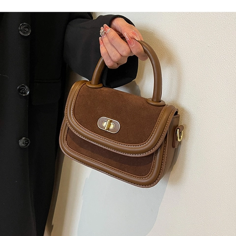 Retro Women Suede And PU Leather Handbag Stitched Small Square Bag With Top Handle Gold Twist Lock Crossbody Shoulder Bag