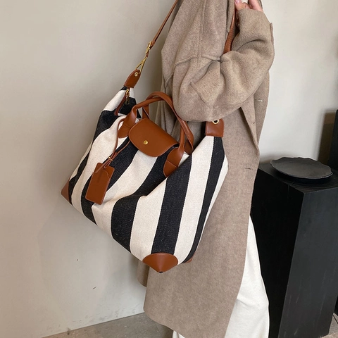 Große Kapazität Damen Tote Bag Schwarz Weiß Vertikale Streifen Leinwand Leder Nähte Pendler Schulter Reise Handtasche