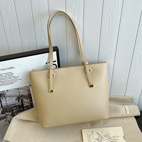 Women Large Capacity Tote Bag PU Leather Litchi Texture Golden Hardware Polyester Cotton Lining Zipper Shoulder Handbag