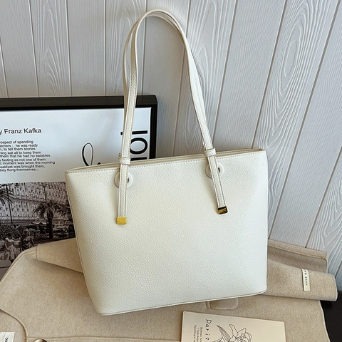 Women Large Capacity Tote Bag PU Leather Litchi Texture Golden Hardware Polyester Cotton Lining Zipper Shoulder Handbag