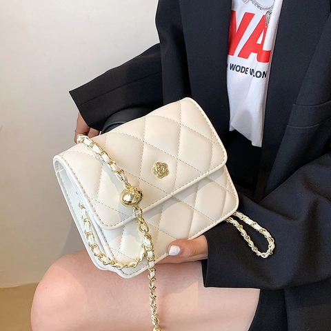 Borsa A Spalla Trapuntata Donna Pelle PU Catena Rombi Fibbia Camelia Piccola Borsa A Tracolla Quadrata