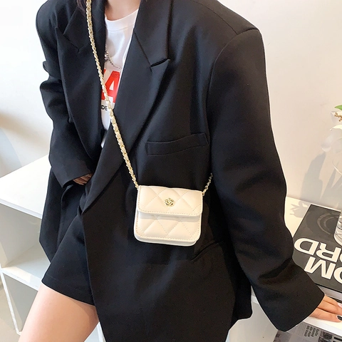 Borsa A Spalla Trapuntata Donna Pelle PU Catena Rombi Fibbia Camelia Piccola Borsa A Tracolla Quadrata