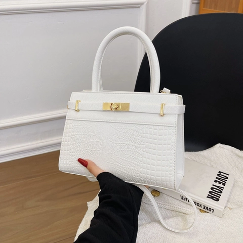 Women Top Handle Bag PU Leather Crocodile Pattern Elegant Vintage Crossbody Handbag With Gold Rotary Lock And Adjustable Strap