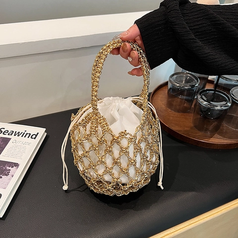 Borsa A Secchiello Da Donna In Maglia Metallica Intrecciata Con Custodia Interna In Cotone Con Coulisse Borsa Da Spiaggia Chic