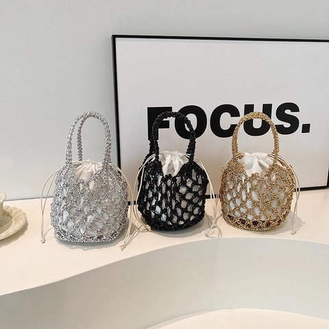 Borsa A Secchiello Da Donna In Maglia Metallica Intrecciata Con Custodia Interna In Cotone Con Coulisse Borsa Da Spiaggia Chic