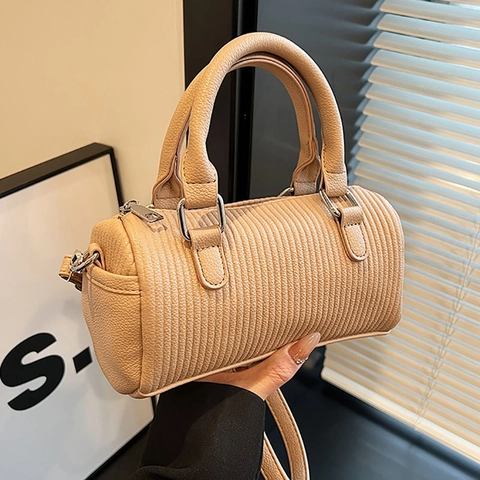 Vertikal Plissierte Boston Tasche Für Damen PU Leder Zylinder Schulter Umhängetasche Mit Abnehmbarem Riemen Silberne Hardware