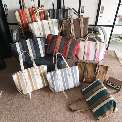 Fashion Striped Canvas Tote Bag Large Capacity Women Casual Shoulder Handbag With PU Leather Straps Multi Color Woven Bag