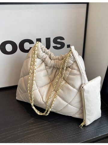Bolso De Hombro Acolchado Con Rombos Para Mujer Cuero PU Gran Capacidad Correa Cadena Con Bolsa A Juego Urbano Fruncido
