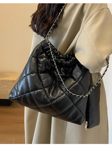 Bolso De Hombro Acolchado Con Rombos Para Mujer Cuero PU Gran Capacidad Correa Cadena Con Bolsa A Juego Urbano Fruncido