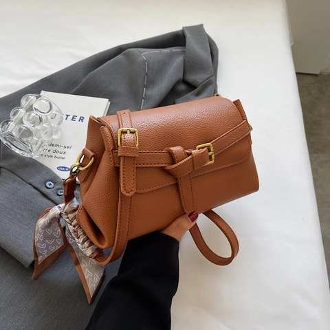 Pebbled PU Leather Shoulder Bag For Women With Satin Scarf Decor Retro Solid Color Crossbody Flap Bag Elegant Casual Fashion