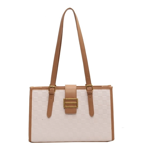 Borsa A Spalla Da Donna Motivo A Scacchi Pelle PU Tote Grande Capacità Per Ufficio Viaggio Casual Retrò Elegante Fibbia Dorata