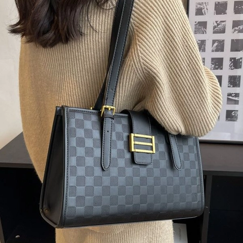 Borsa A Spalla Da Donna Motivo A Scacchi Pelle PU Tote Grande Capacità Per Ufficio Viaggio Casual Retrò Elegante Fibbia Dorata
