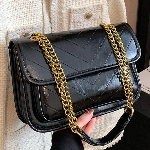Women Shoulder Bag PU Leather Chevron Quilted Gold Chain Flap Square Crossbody Bag Minimalist Elegant