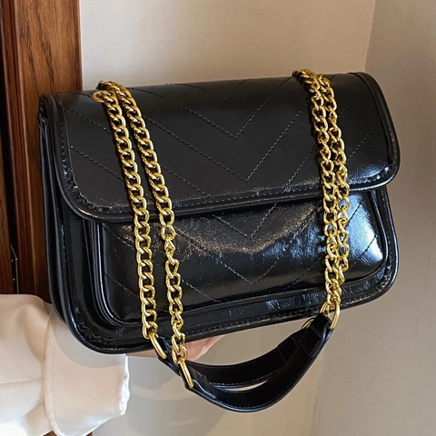 Women Shoulder Bag PU Leather Chevron Quilted Gold Chain Flap Square Crossbody Bag Minimalist Elegant