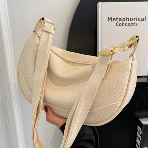 Bolso Hobo Media Luna Para Mujer Textura Lychee Cuero PU Correa Ajustable Bolso De Hombro Cruzado Moda Simple