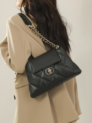 Borsa A Tracolla Donna Pelle PU Trapuntata Rombo Catena Metallo Chiusura Rotante Chic Elegante Pendolare