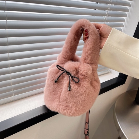 Borsa A Secchiello In Pelliccia Sintetica Peluche Con Tracolla In Pelle PU E Chiusura A Coulisse Borsa Da Donna