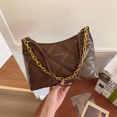 Retro Quilted Diamond Pattern PU Leather Shoulder Bag With Golden Chain Strap Vintage Casual Underarm Crossbody
