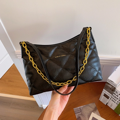 Retro Quilted Diamond Pattern PU Leather Shoulder Bag With Golden Chain Strap Vintage Casual Underarm Crossbody