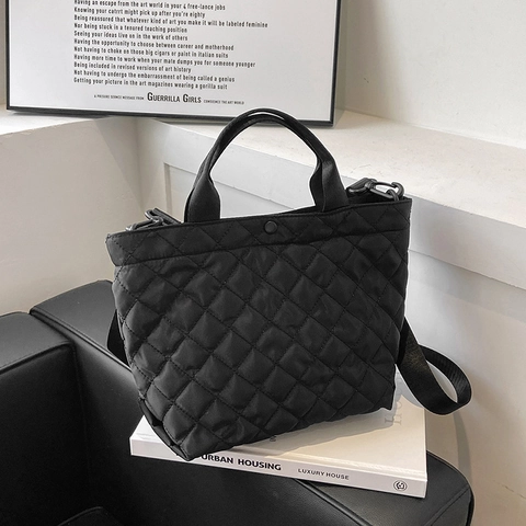 Women Quilted Nylon Tote Bag Diamond Pattern Lightweight Large Capacity Adjustable Wide Shoulder Strap Crossbody Handbag