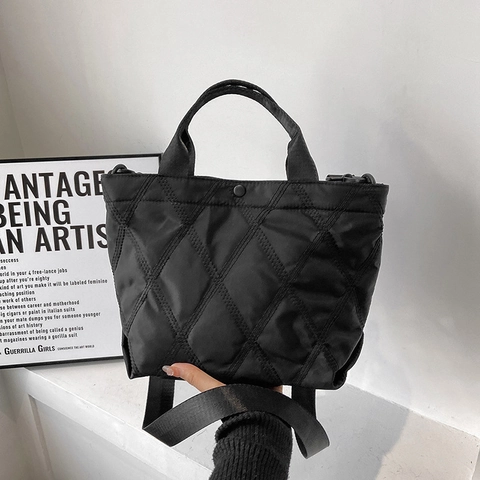 Women Quilted Nylon Tote Bag Diamond Pattern Lightweight Large Capacity Adjustable Wide Shoulder Strap Crossbody Handbag