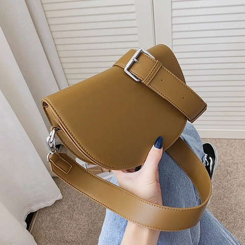 Bolso De Bandolera De Cuero PU Correa Ancha Ajustable Bolso De Hombro Media Luna Color Sólido Accesorio De Moda Para Mujer