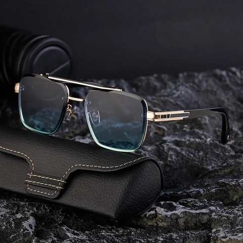 Herren Quadratische Pilotenbrille Metallrahmen Doppelsteg Verlauf PC Gläser UV400 Retro Mode Brillen