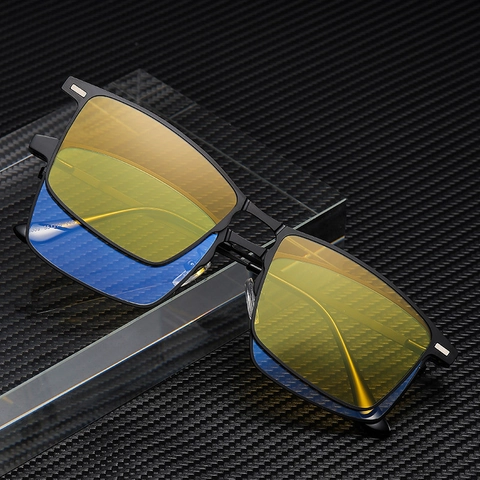 Square Magnetic Clip On Sunglasses Polarized Night Vision Lenses Metal Frame Men Outdoor Driving Eyewear