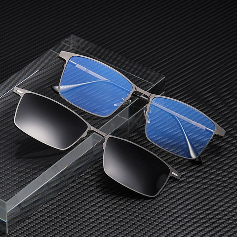 Square Magnetic Clip On Sunglasses Polarized Night Vision Lenses Metal Frame Men Outdoor Driving Eyewear