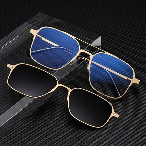 Square Magnetic Clip On Sunglasses TAC Polarized Lens Metal PC Frame UV400 Anti Blue Light Aviator Driving Eyewear Unisex
