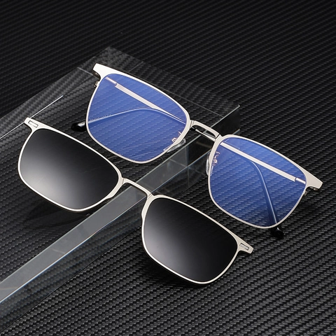 Occhiali Da Sole Da Uomo Con Montura Metallica Quadrata E Lenti Polarizzate Magnetiche Clip-on Anti Luce Blu Moda UV400