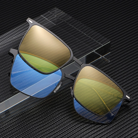 Occhiali Da Sole Con Clip Magnetica Con Lenti Polarizzate E Visione Notturna Montatura In Metallo Squadrata Per Uomo