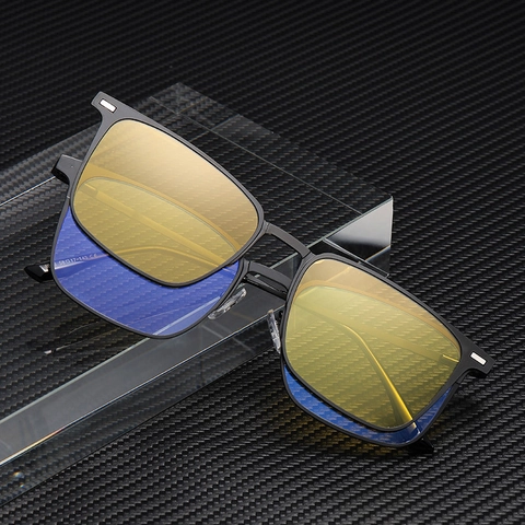 Gafas De Sol Magnéticas Con Clip Cuadradas Con Lentes Polarizadas Y De Visión Nocturna Montura Metálica UV400 Para Hombre