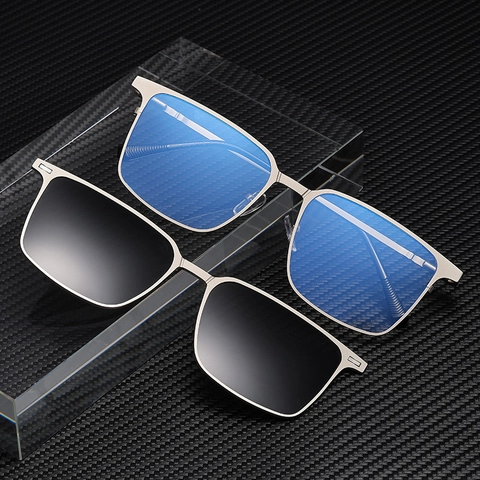 Occhiali Da Sole Con Clip Magnetica Con Lenti Polarizzate E Visione Notturna Montatura In Metallo Squadrata Per Uomo