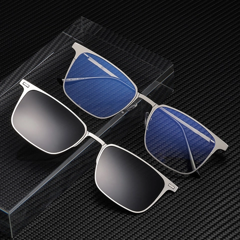 Gafas De Sol Magnéticas Con Clip Cuadradas Con Lentes Polarizadas Y De Visión Nocturna Montura Metálica UV400 Para Hombre