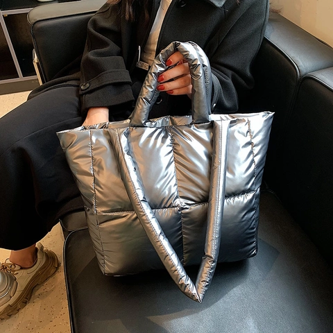 Gesteppte Puffer Tote Bag Metallic Glänzend Große Kapazität Nylon Handtasche Für Damen Schultertasche Winter Mode