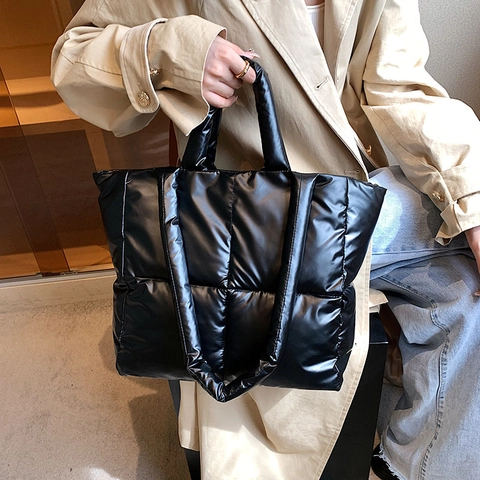 Gesteppte Puffer Tote Bag Metallic Glänzend Große Kapazität Nylon Handtasche Für Damen Schultertasche Winter Mode